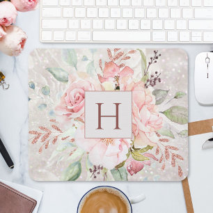 Monogram Elegante Rosa Rosen-Pfingstrose Blumiger  Mousepad
