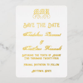 Monogram Eleganwhite and Gold Save the Date Folieneinladung