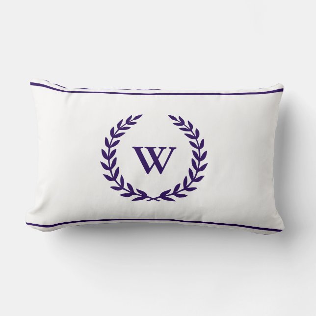 Monogram Elegany Navy Blue und White Lumbar Pillow Lendenkissen (Vorderseite)