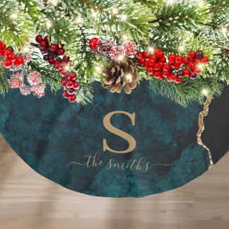Monogram Emerald Green Agate Marble Gold Weihnacht Polyester Weihnachtsbaumdecke