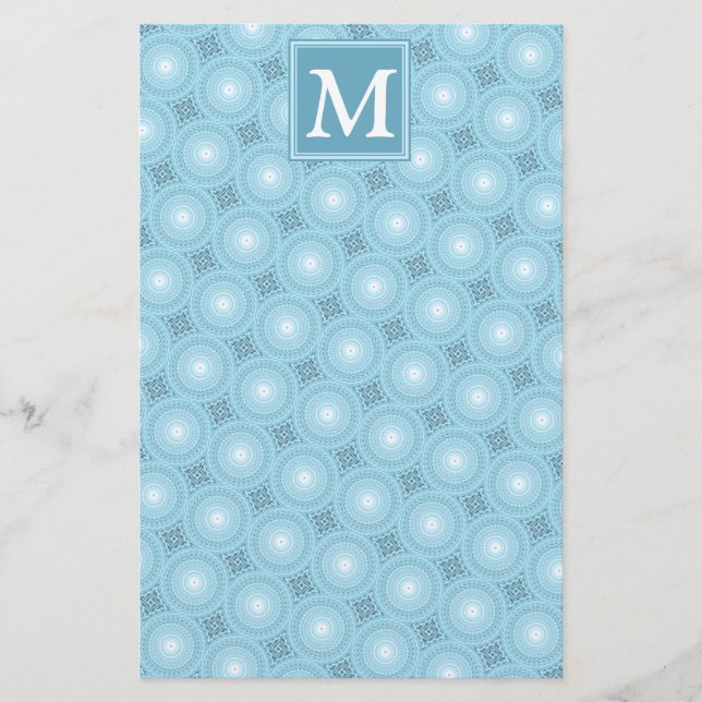 Monogram Engelblau-Kreismuster Briefpapier (Vorderseite)