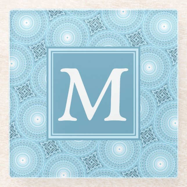 Monogram Engelblau-Kreismuster Glasuntersetzer (Vorderseite)