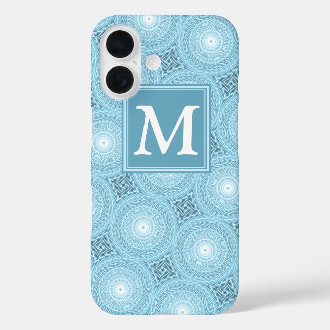 Monogram Engelblau-Kreismuster iPhone 16 Hülle (Rückseite)