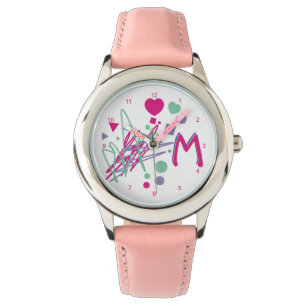 Monogram, erste Girl's Hearts Dots Quadrate Farben Armbanduhr