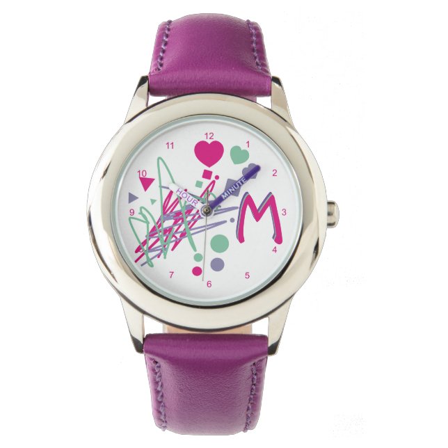 Monogram, erste Girl's Hearts Dots Quadrate Farben Armbanduhr (Vorderseite)