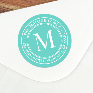 Monogram erstmalige elegante aqua blue Rücksendead Runder Aufkleber