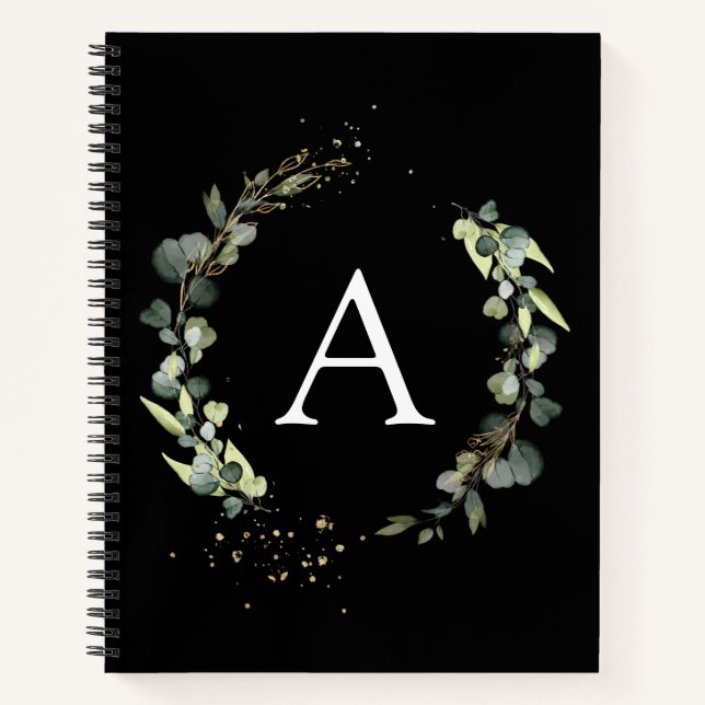 Monogram Eukalyptus Green White Botanic Notebook Notizbuch (Vorderseite)