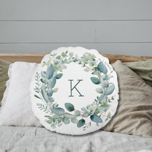 Monogram Eukalyptus Greenerenerity Blätter Wedding Rundes Kissen