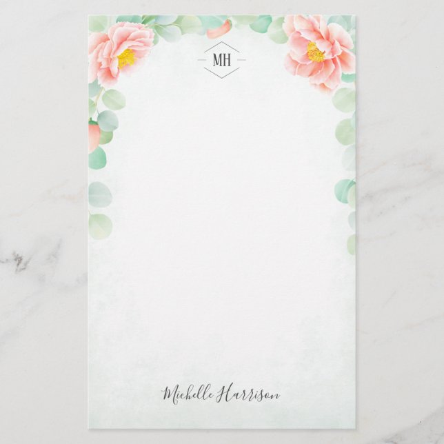 Monogram Eukalyptus Peony Floral Watercolor Peach Briefpapier (Vorderseite)