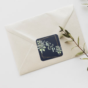 Monogram Eukalyptus Verlasse Niedliche Hochzeit vo Quadratischer Aufkleber