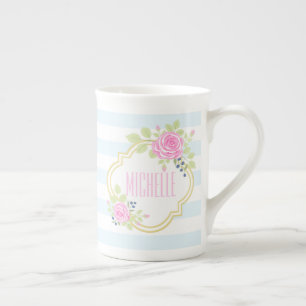 Monogram Extravagant Pink Roses Blueberry Knochen Prozellantasse