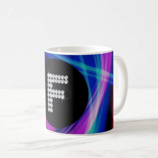 Monogram F Diamond Neon farbenfrohe Hintergrundble Kaffeetasse (VorderseiteRechts)