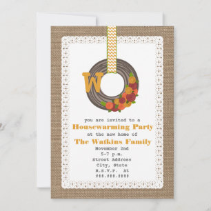 Monogram Fall Wreath Burlap Häuserwärmung Einladung