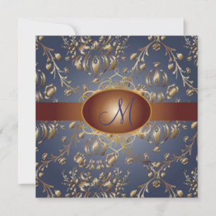 Monogram-falsches Kupfer-Damaskus/Navyblau Einladung