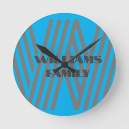 Monogram Familienname Blau Graue moderne Wall Cloc Runde Wanduhr