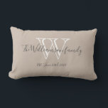 Monogram   Familienname Chic Script Keepake Gesche Lendenkissen<br><div class="desc">Monogram Familienname Chic Script Keepake Geschenk Beige Lumbar Kissen. Klicken Sie auf diese Vorlage personalisieren, um sie mit dem Anfangsnamen des Monogramms, dem Familiennamen und dem Heiratsdatum schnell und einfach anzupassen. Ein einzigartiges Geschenk für Neuvermählte. Lieblich für ihr neues Leben zusammen oder für Ihre Zuhause. Monogram Familienname Chic Script Keepake...</div>