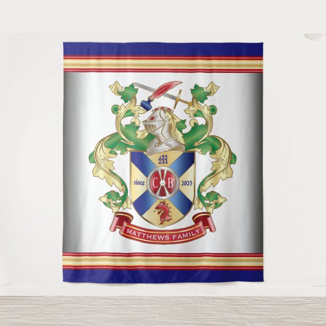 Monogram Familienwappen Ritter Schild Drachenschwe Wandteppich (Vorderseite)