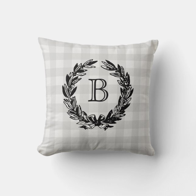 Monogram Familienwappen Wreath Gray Karo Kissen (Vorderseite)