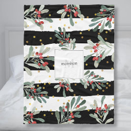 Monogram Family Modern Black Chic Winter Botanical Fleecedecke