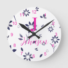 Monogram Family Name Blue Floral Runde Wanduhr