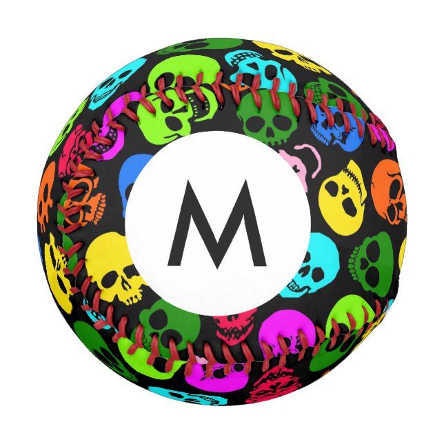 Monogram farbenfrohe Skulls Muster in schwarz Baseball (Vorderseite Links)