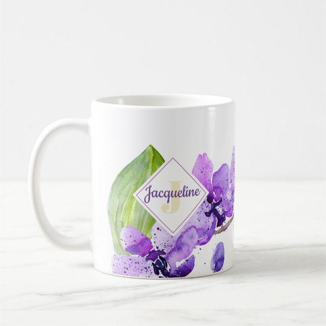 Monogram farbenfrohe Wasserfarbe Orchid-Design Kaffeetasse (Links)