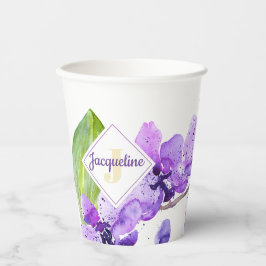 Monogram farbenfrohe Wasserfarbe Orchid-Design Pappbecher