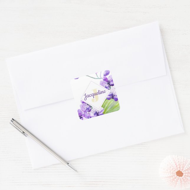 Monogram farbenfrohe Wasserfarbe Orchid-Design Quadratischer Aufkleber (Umschlag)
