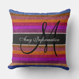 Monogram Farbige Streifen Jute Rustikal Sackleinen Kissen