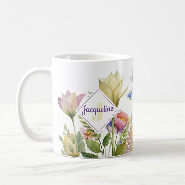 Monogram Farbiger Wilder Blume Illustrierter Kaffe Kaffeetasse (Links)