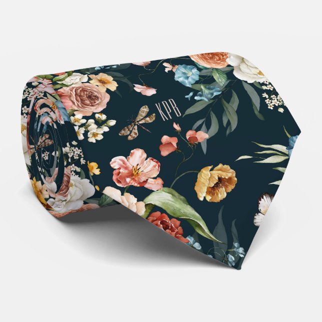 Monogram farbiges Blumenmuster auf Oxford Blue Krawatte (Gerollt)