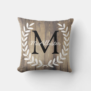 Monogram Farmhouse White Laurels Light Wood Planks Kissen