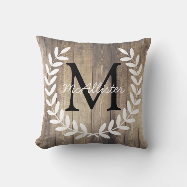 Monogram Farmhouse White Laurels Light Wood Planks Kissen (Vorderseite)