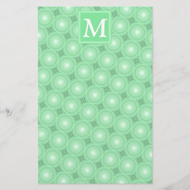 Monogram Federgrün Kreismuster Briefpapier (Vorderseite)