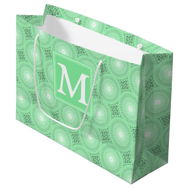 Monogram Federgrün Kreismuster Große Geschenktüte (Vorderseite Schrägansicht)