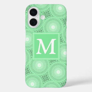 Monogram Federgrün Kreismuster iPhone 16 Hülle