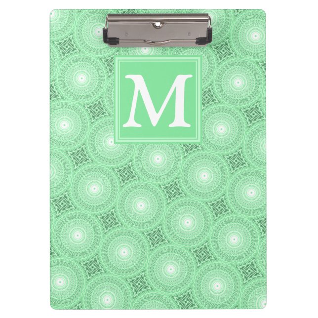 Monogram Federgrün Kreismuster Klemmbrett (Vorderseite)