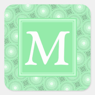 Monogram Federgrün Kreismuster Quadratischer Aufkleber