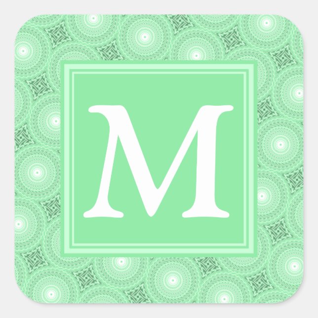 Monogram Federgrün Kreismuster Quadratischer Aufkleber (Vorderseite)