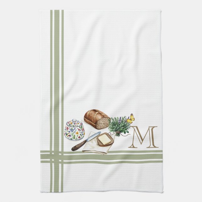 Monogram Ferme Cuisine Serviette Sage Herbes verte (Vertical)