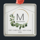Monogram First Christmas in unserem neuen Zuhause Ornament Aus Metall<br><div class="desc">Monogramm Typ und Familienname plus Jahr. Personalisierte erste Weihnachten in unserem neuen Zuhause-Urlaubsornament. Moderne Halbkranz-Illustration mit</div>
