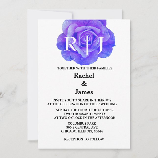 Monogram Floral Blue Rose Blume Elegante Hochzeit Einladung (Vorderseite)