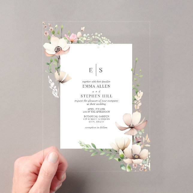 Monogram Floral Blush Off White Botanical Wedding Acryleinladungen (Insitu (Handheld))