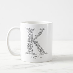 Monogram floral Botanischer Schwarz-weißer Letter Kaffeetasse