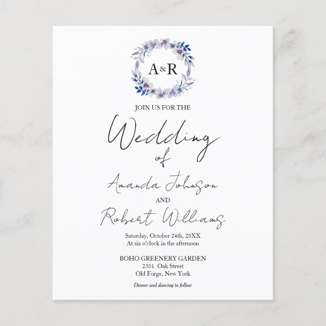 Monogram Floral Budget Hochzeitseinladungen (Vorderseite)