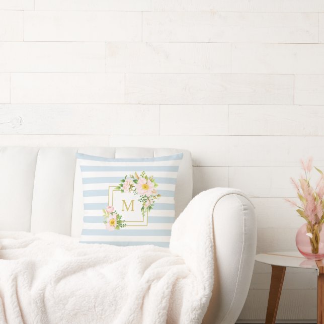 Monogram Floral Chic Pastel Blue Strip Coastal Kissen (Liege)