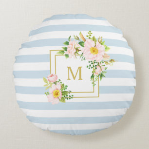 Monogram Floral Chic Pastel Blue Stripes Round Rundes Kissen