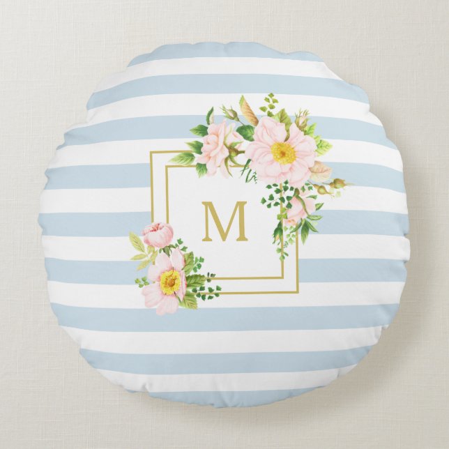 Monogram Floral Chic Pastel Blue Stripes Round Rundes Kissen (Vorderseite)