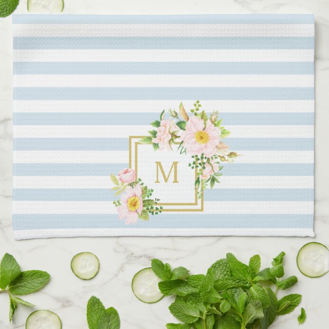 Monogram Floral Chic Pastellblauer Streifen Geschirrtuch (Gefaltet)