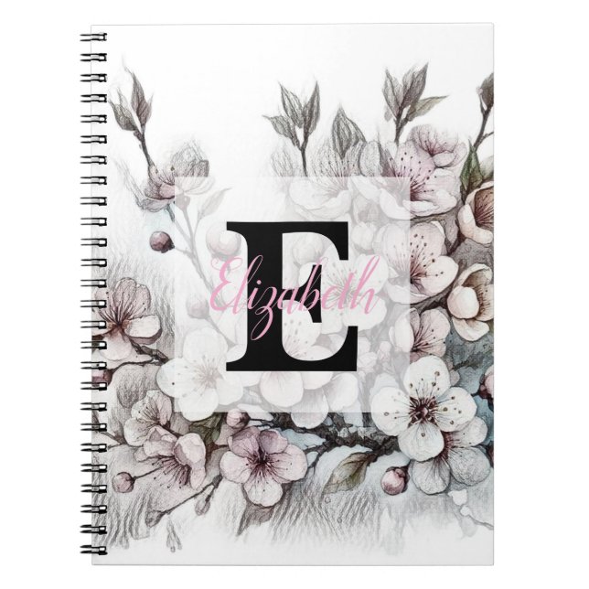 Monogram floral drawing pink cherry blossom  notizblock (Vorderseite)